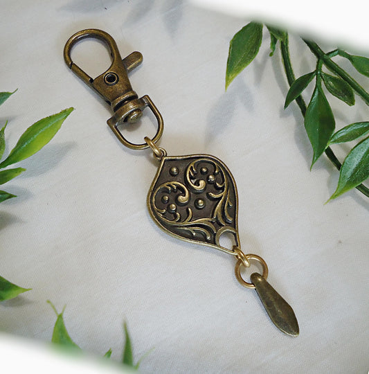 Bag Charm, Bronze Teardrop, Minimalist, Vintage Flower