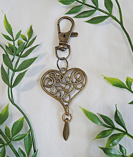 Large Swirly Heart Bag Charm, Antique  Bronze