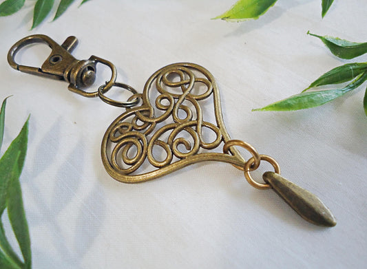 Large Swirly Heart Bag Charm, Antique  Bronze