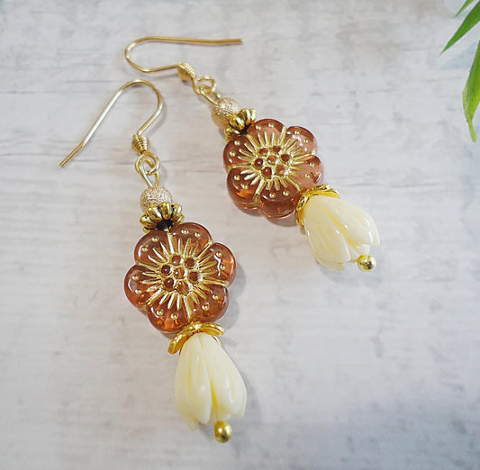 Hibiscus Flower Earrings, Amber, Alabaster, Rose, Gold, Peach, 1 1/8" Dangle