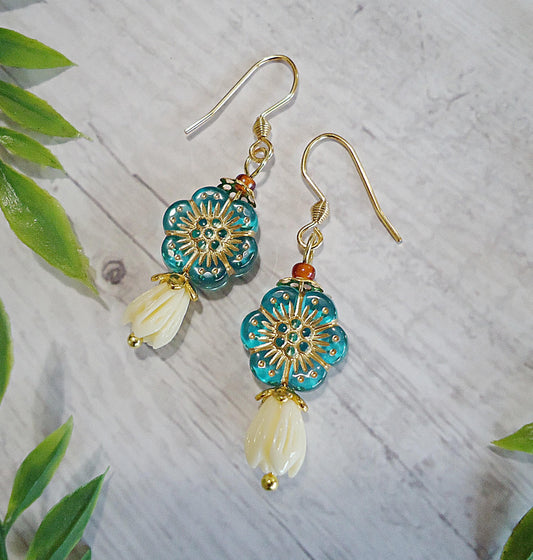 Hibiscus Flower Earrings, Teal Blue and Gold, Alabaster Tulip, 1" Dangle
