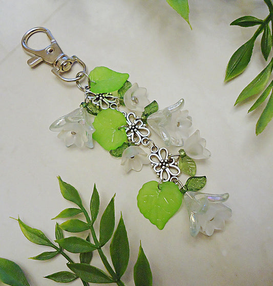 Bag Charm, White Flowers, Green Petals, Silver or Gold Flower, Swivel Clasp, Key Chain, Zipper Pull, Purse Charm, Lily of the Valley, Tulip