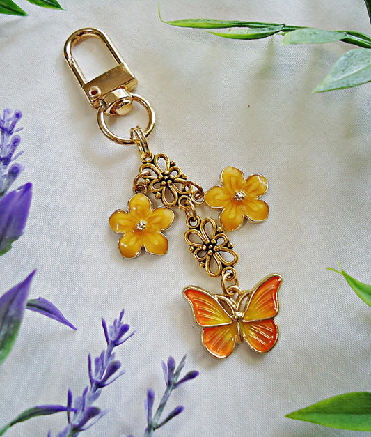 Bag Charm, Orange Butterfly and Flowers, Gold Bag Charm, Enameled Charms, Spring Bag charm, Orange Yellow Keychain