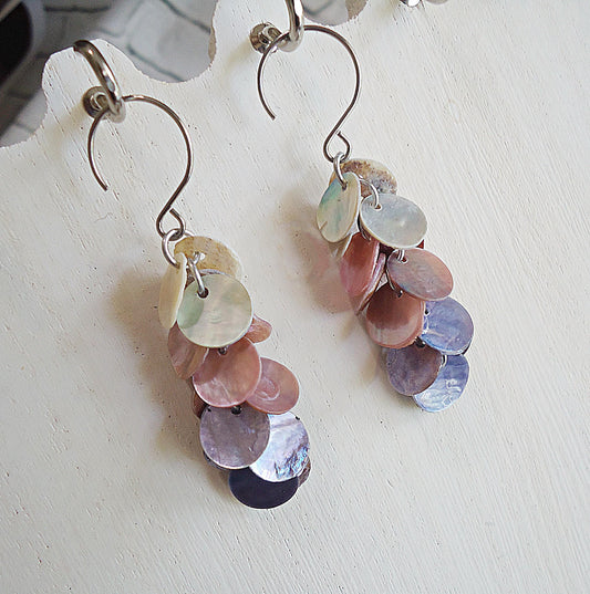 Mother of Pearl Purple Ombre Dangle Earrings, Seashell, Stainless Steel, Post Stud Earrings