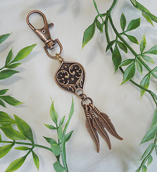 Copper Teardrop and Feathers Bag Charm, Zipper Pull, Minimalist, Vintage Flower, Antique Copper