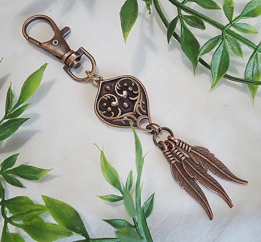 Copper Teardrop and Feathers Bag Charm, Zipper Pull, Minimalist, Vintage Flower, Antique Copper