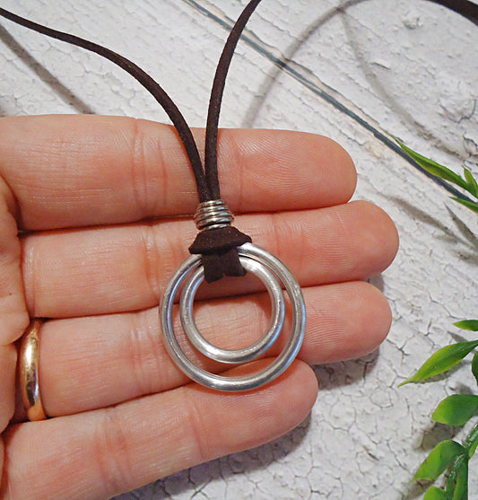 Unisex Suede Necklace with Double Silver Rings, Adjustable Length, Mens or Womens Necklace, Brown Suede, Stainless Steel