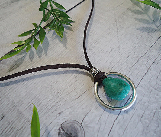 Unisex Suede Necklace with Turquoise Stone, Adjustable Length, Mens or Womens Necklace, Brown Suede, Stainless Steel