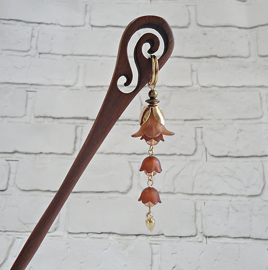 Carved Wooden Hair Sticks - 7" Long - Dark Brown - Lily of the Valley Tulip Bell Flowers, Bronze Feathers, Bronze Celtic Nature, Customize