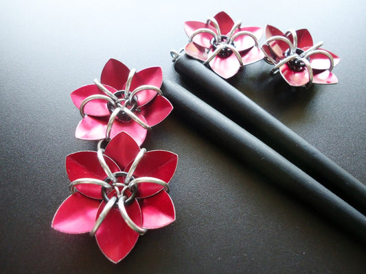 Pair of Black Six Inch Wooden Hair Sticks with Metallic Red Flowers