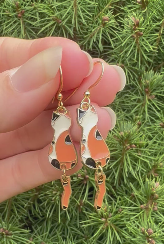 Wiggly Cat Earrings, Orange or Gray Cat Earrings, Wiggly Cat Tail, Gold, Calico, Tabby