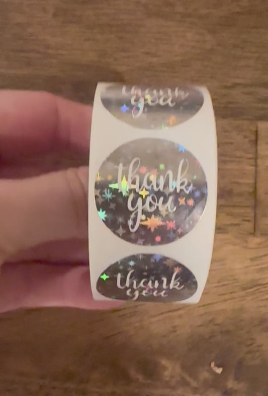 Stickers, 'Thank You', Holographic, Metallic Silver, 1 inch Wide, Packaging, Labels, Bulk quantities