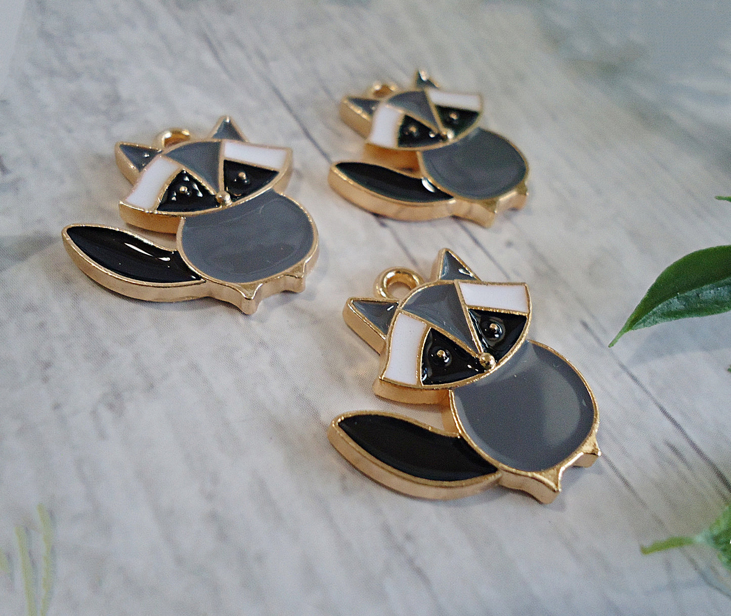 Enameled Raccoon Charms, Gray Black White and Gold,