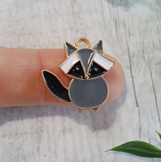 Enameled Raccoon Charms, Gray Black White and Gold,