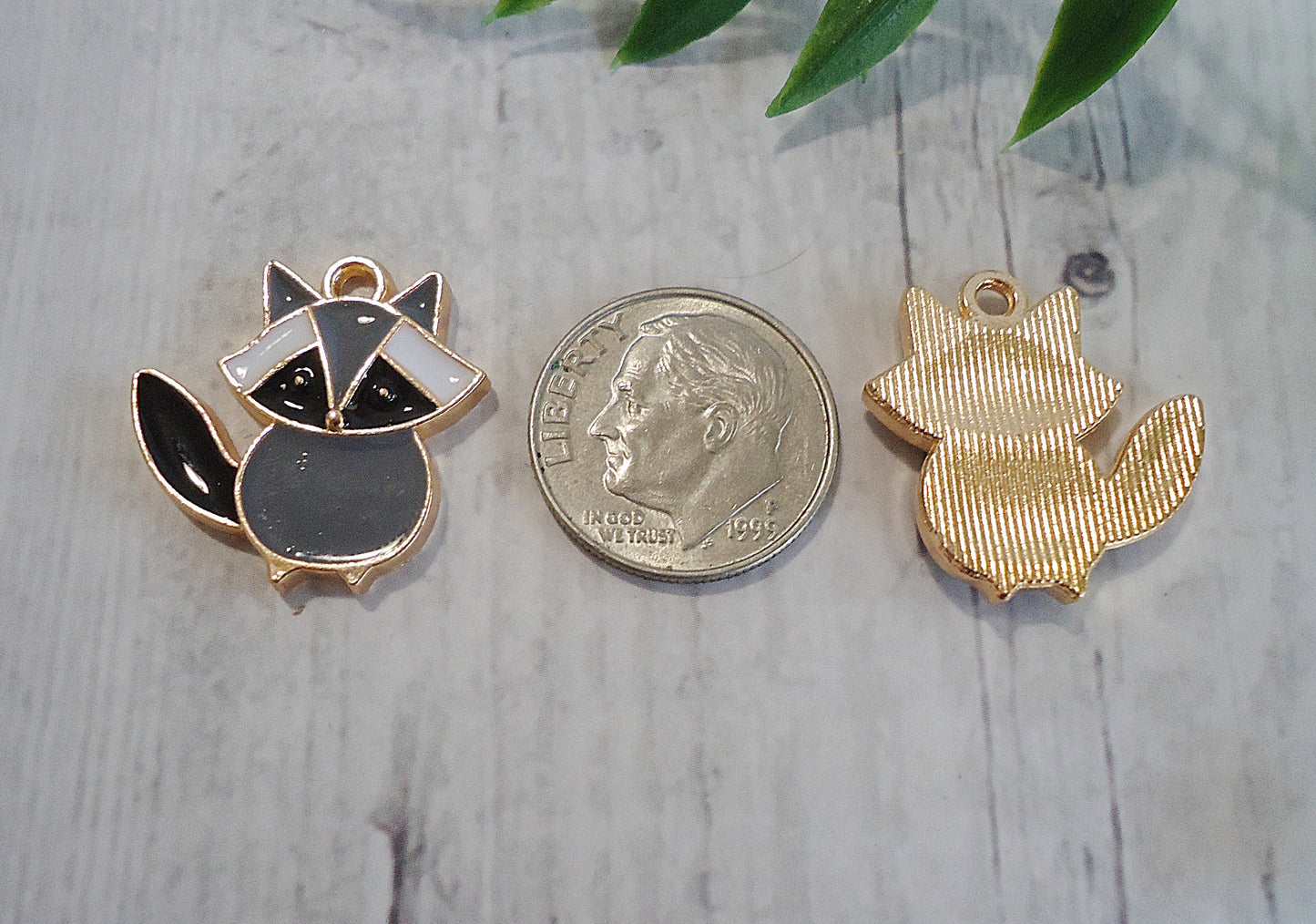 Enameled Raccoon Charms, Gray Black White and Gold,