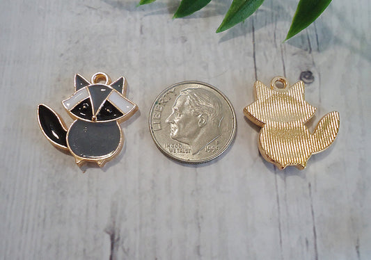 Enameled Raccoon Charms, Gray Black White and Gold,