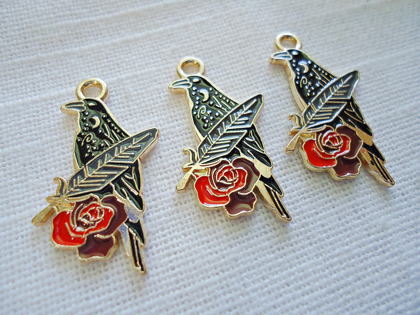 Black Raven with Red Rose, Enameled, Black Gold Red, 1" Tall, Crow, Black Bird, Feather