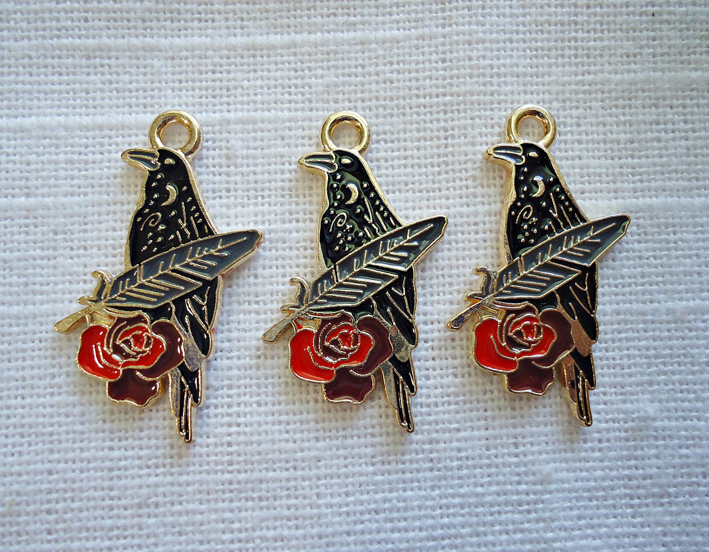Black Raven with Red Rose, Enameled, Black Gold Red, 1" Tall, Crow, Black Bird, Feather