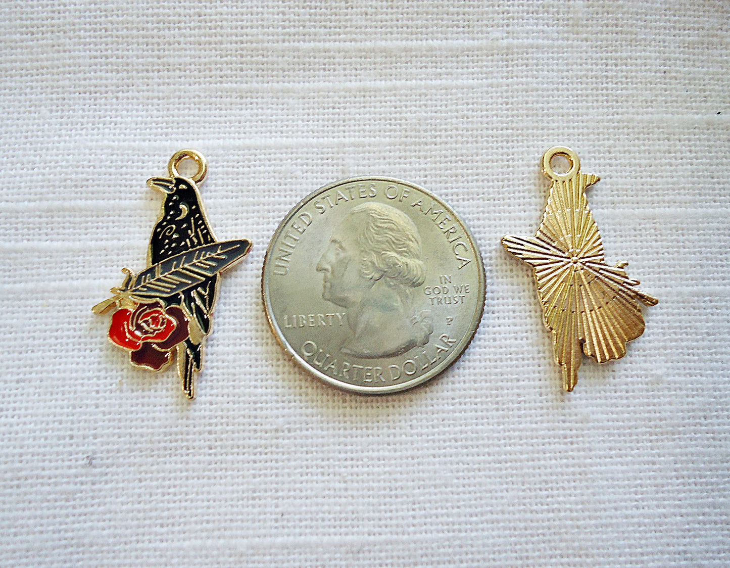 Black Raven with Red Rose, Enameled, Black Gold Red, 1" Tall, Crow, Black Bird, Feather