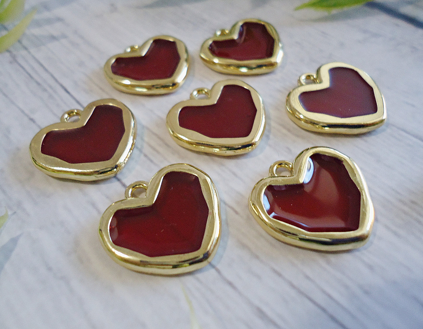 Dark Red Resin Hearts with Gold Border, 5/8-inch Tall x 17mm Wide, Set of 6