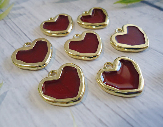 Dark Red Resin Hearts with Gold Border, 5/8-inch Tall x 17mm Wide, Set of 6