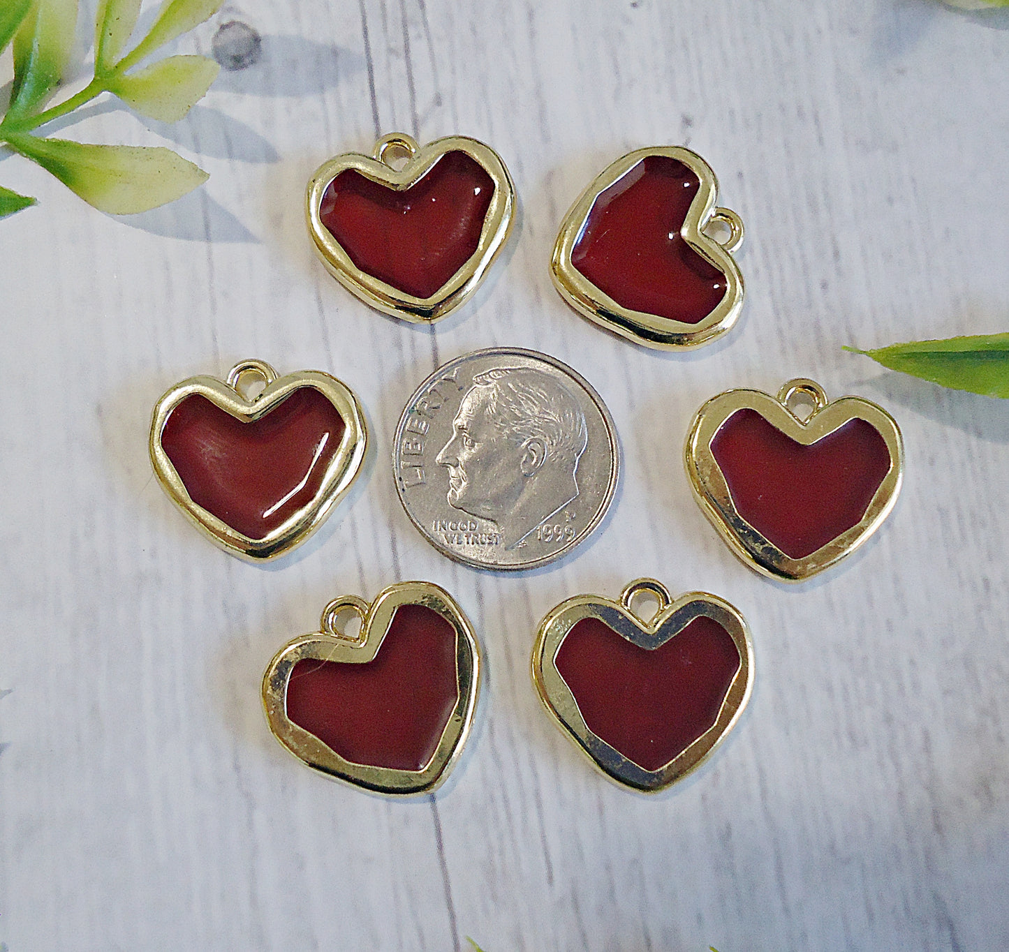 Dark Red Resin Hearts with Gold Border, 5/8-inch Tall x 17mm Wide, Set of 6