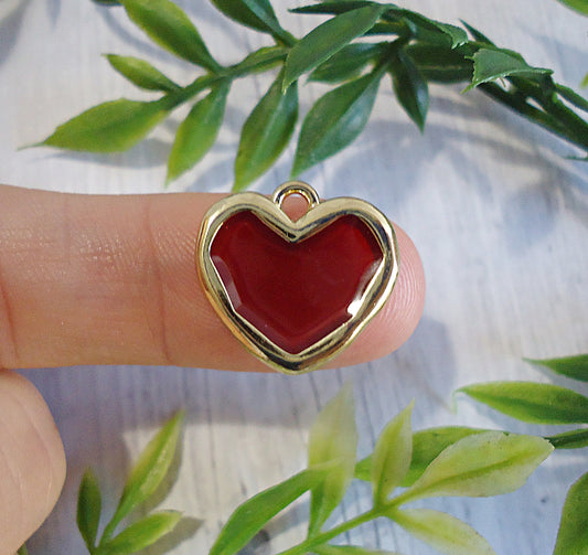 Dark Red Resin Hearts with Gold Border, 5/8-inch Tall x 17mm Wide, Set of 6