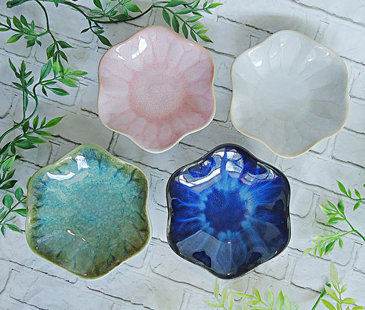 Ceramic Ring Tray, Lotus Flower, 4" Wide, Blue Pink White Green