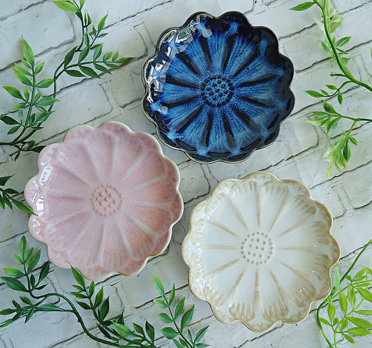 Ceramic Ring Tray, Lotus Flower, 4.5" Wide, Blue Pink White