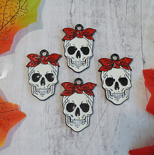 Skull with Red Bandanna, Girl Skeleton, Halloween Charm Pendant, Enameled, 1 inch Tall, Red Black White