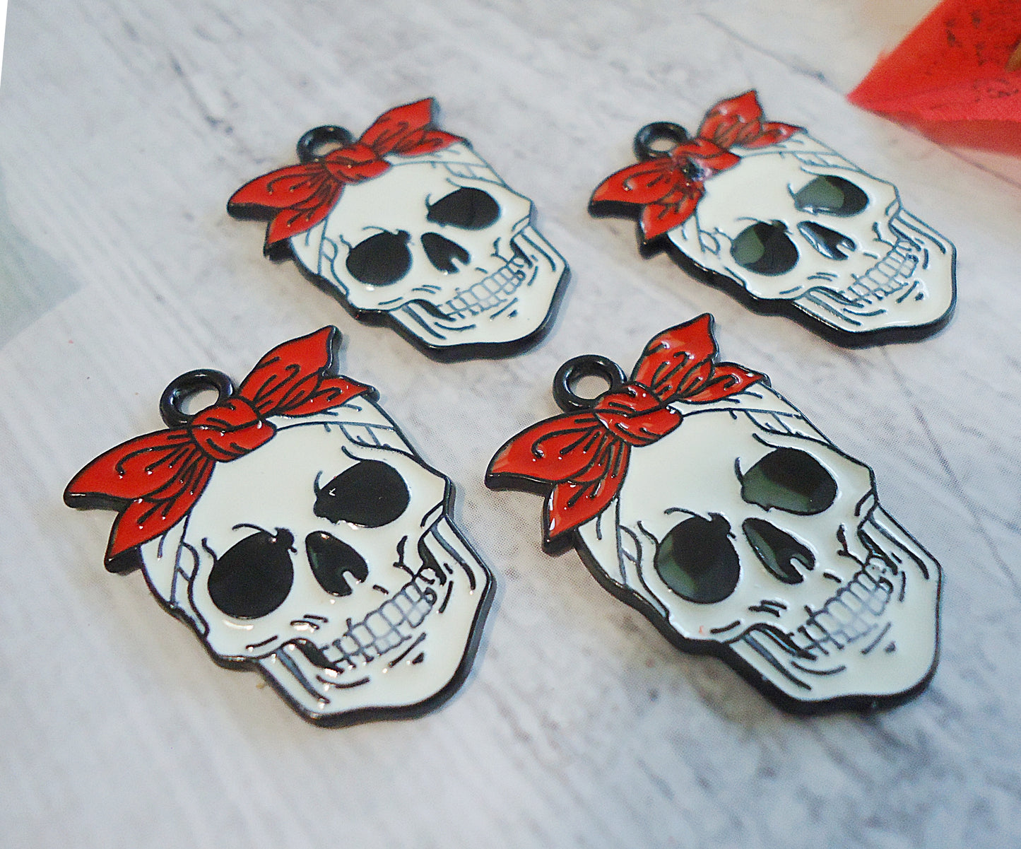 Skull with Red Bandanna, Girl Skeleton, Halloween Charm Pendant, Enameled, 1 inch Tall, Red Black White