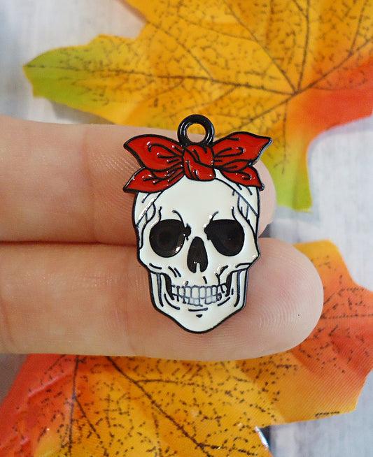 Skull with Red Bandanna, Girl Skeleton, Halloween Charm Pendant, Enameled, 1 inch Tall, Red Black White