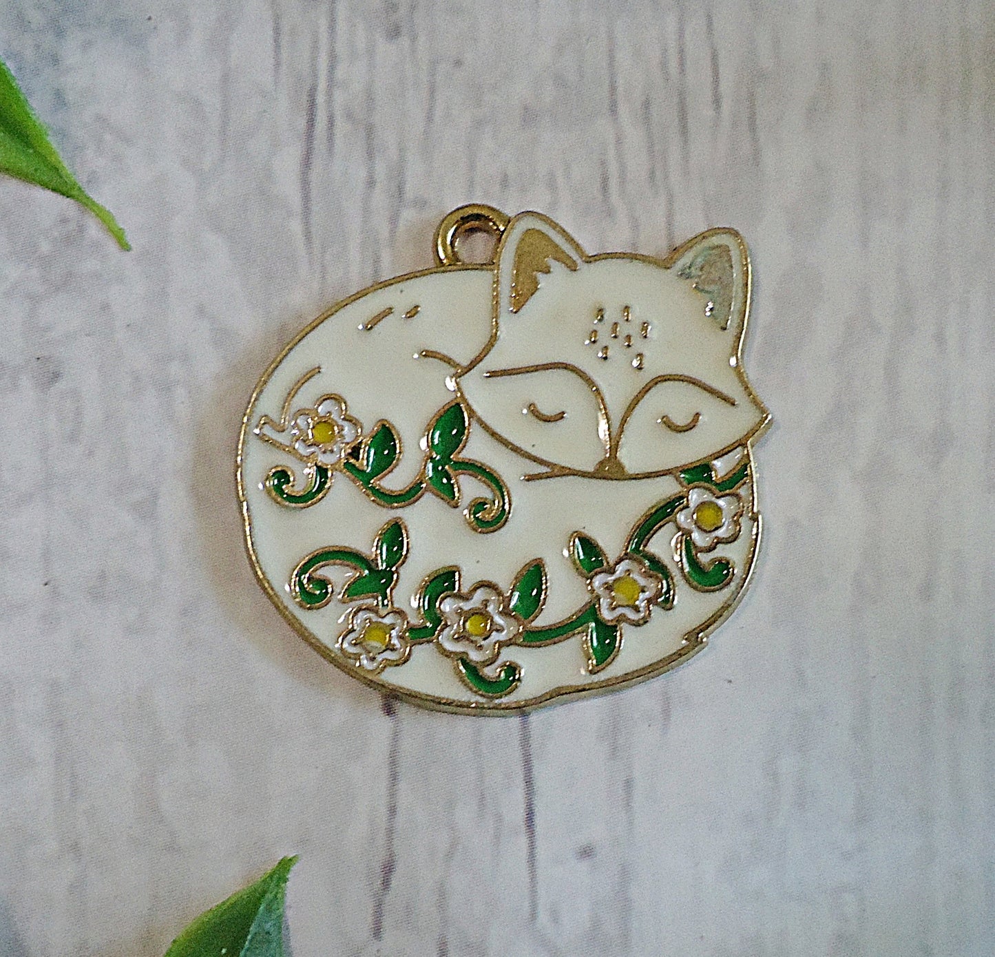 Sleeping Fox Charm, White and Gold, 1" Tall