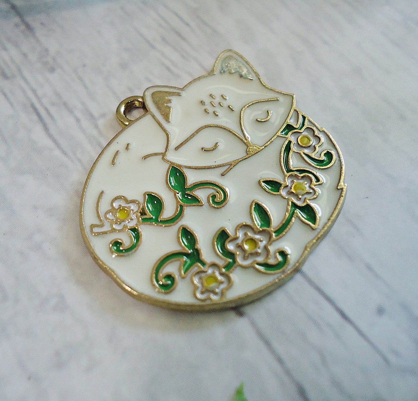 Sleeping Fox Charm, White and Gold, 1" Tall