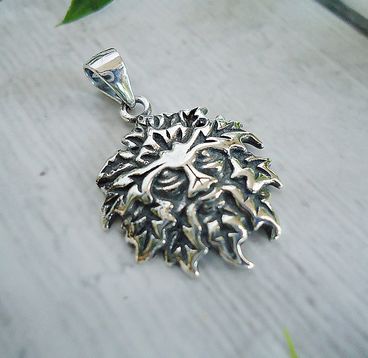 Green Man Pendant, Sterling Silver, Soldered Bail, 7/8" Tall