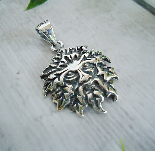 Green Man Pendant, Sterling Silver, Soldered Bail, 7/8" Tall