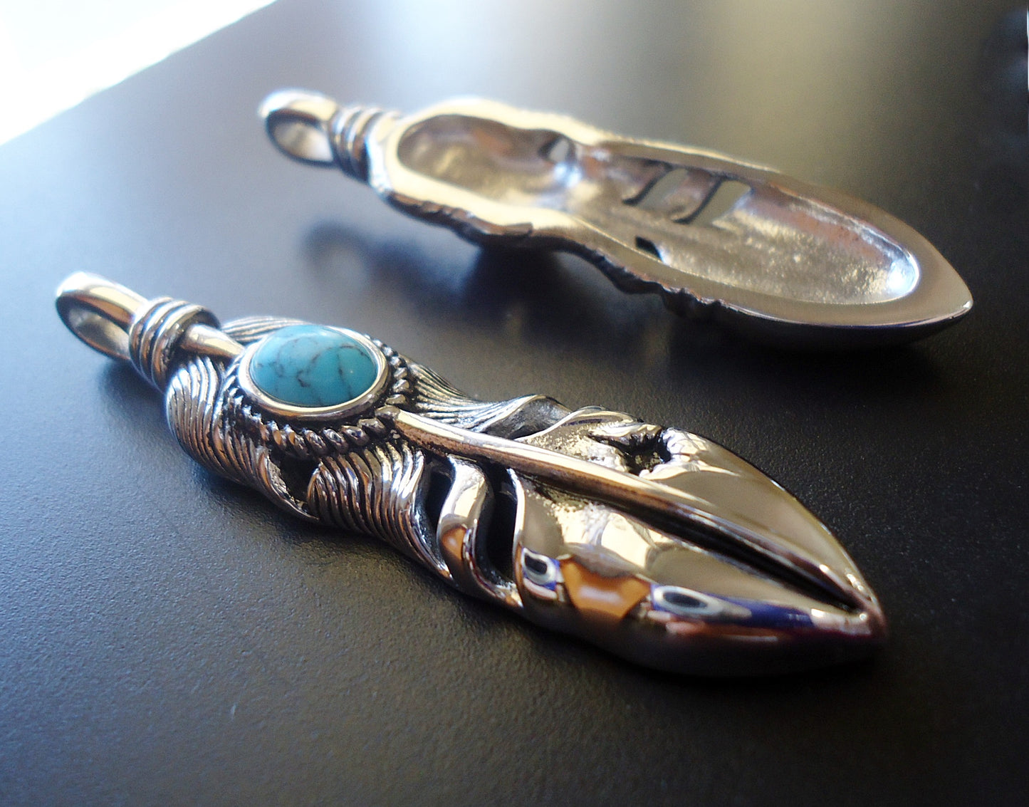 Large Stainless Steel and Turquoise Feather Pendant, 2.25" Tall
