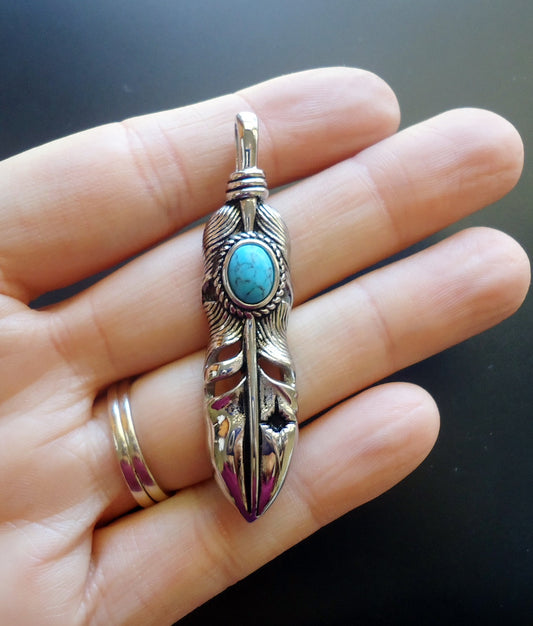 Large Stainless Steel and Turquoise Feather Pendant, 2.25" Tall