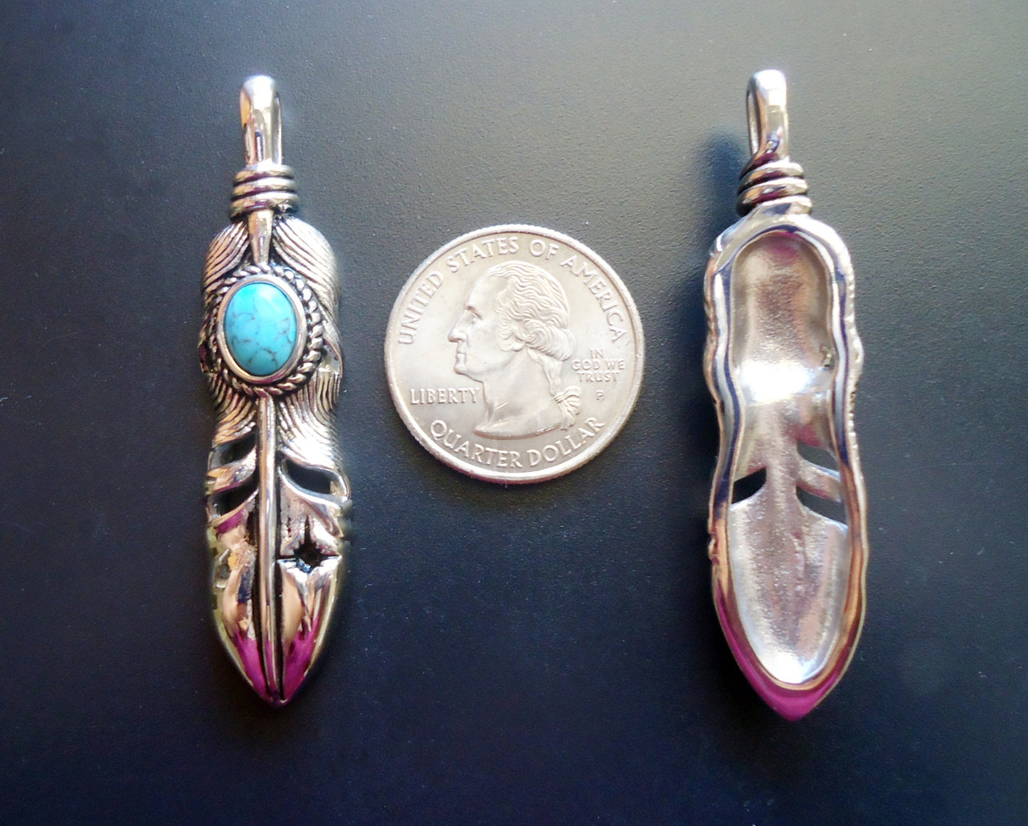 Large Stainless Steel and Turquoise Feather Pendant, 2.25" Tall