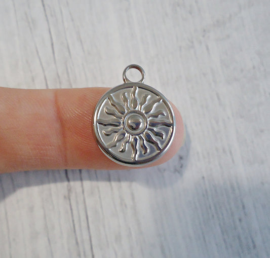 Sun Pendant Charm, Stainless Steel, 5/8" Wide