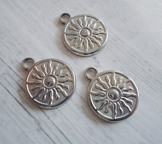 Sun Pendant Charm, Stainless Steel, 5/8" Wide
