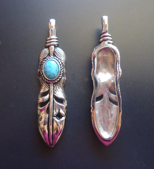 Large Stainless Steel and Turquoise Feather Pendant, 2.25" Tall