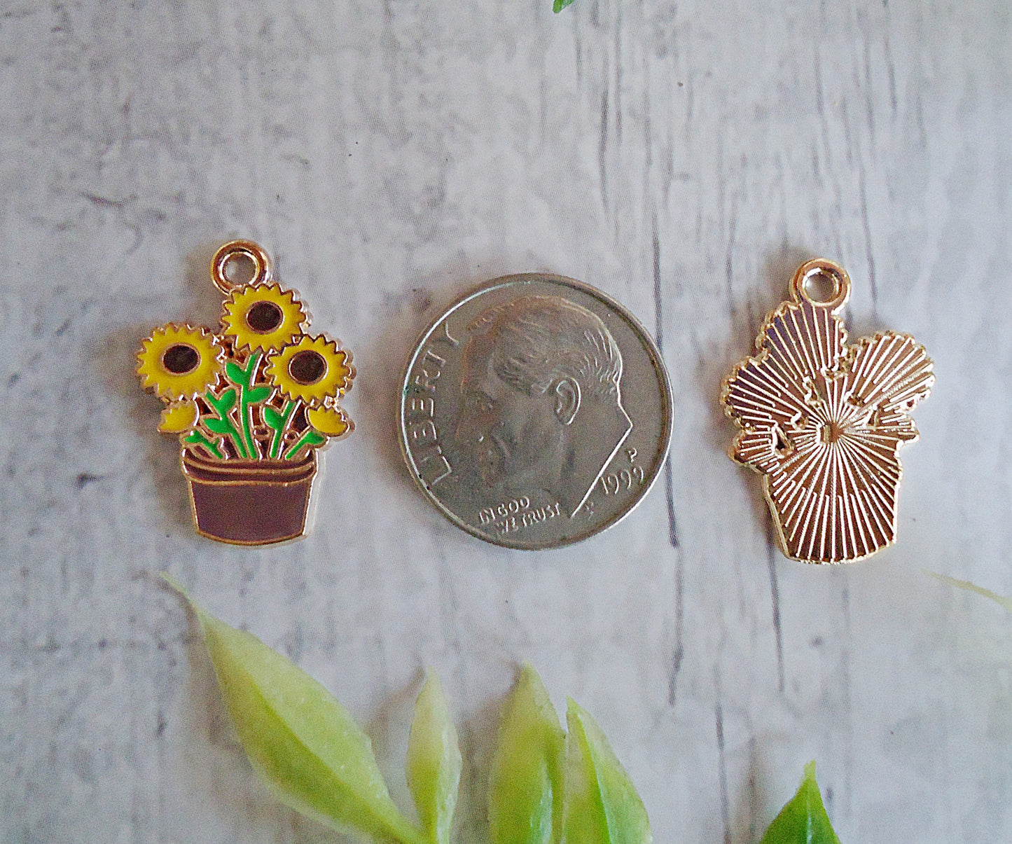Small Potted Sunflowers Charm, Enameled, 3/4" Tall