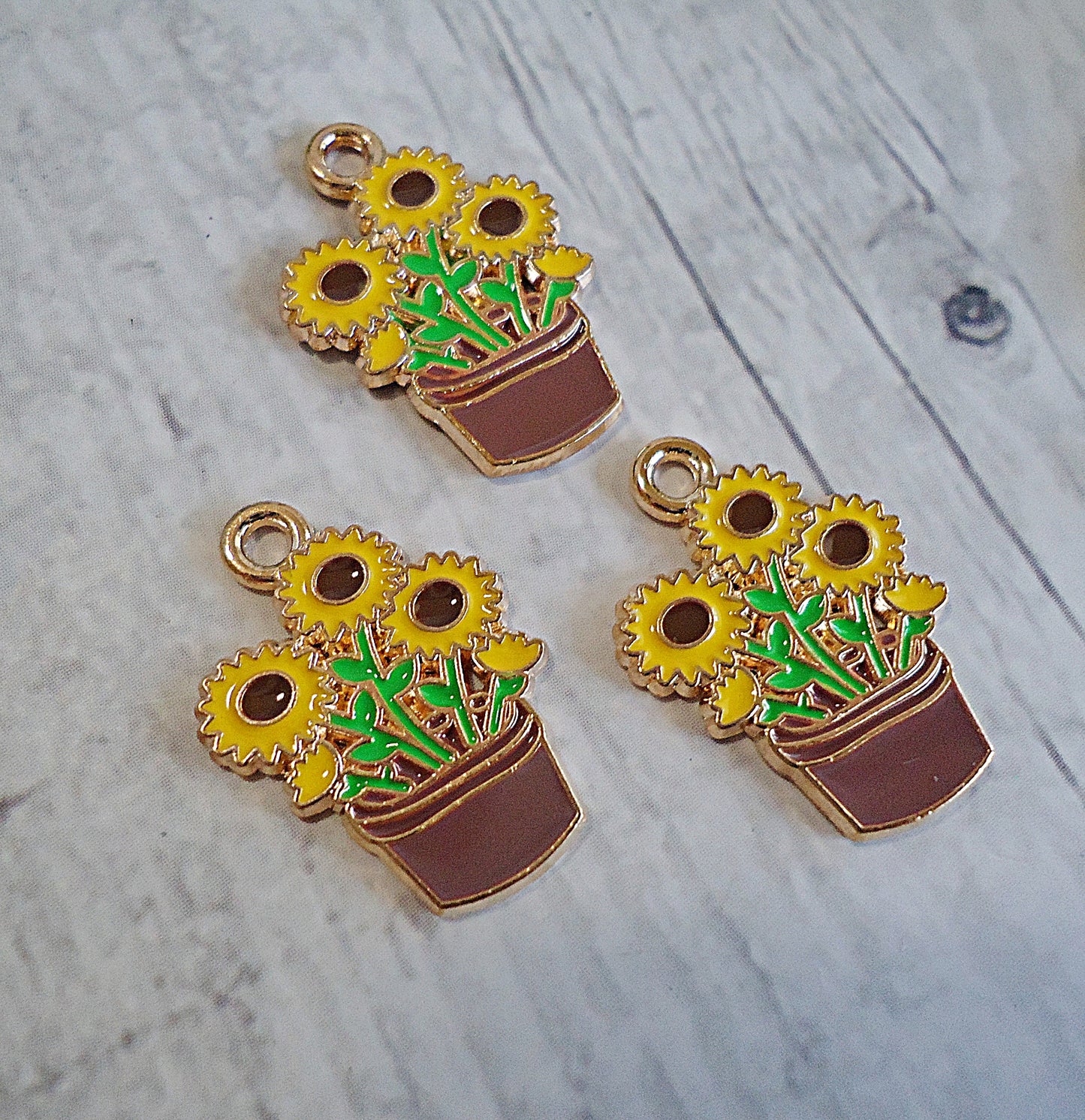 Small Potted Sunflowers Charm, Enameled, 3/4" Tall