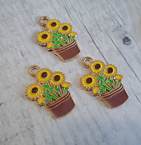 Small Potted Sunflowers Charm, Enameled, 3/4" Tall