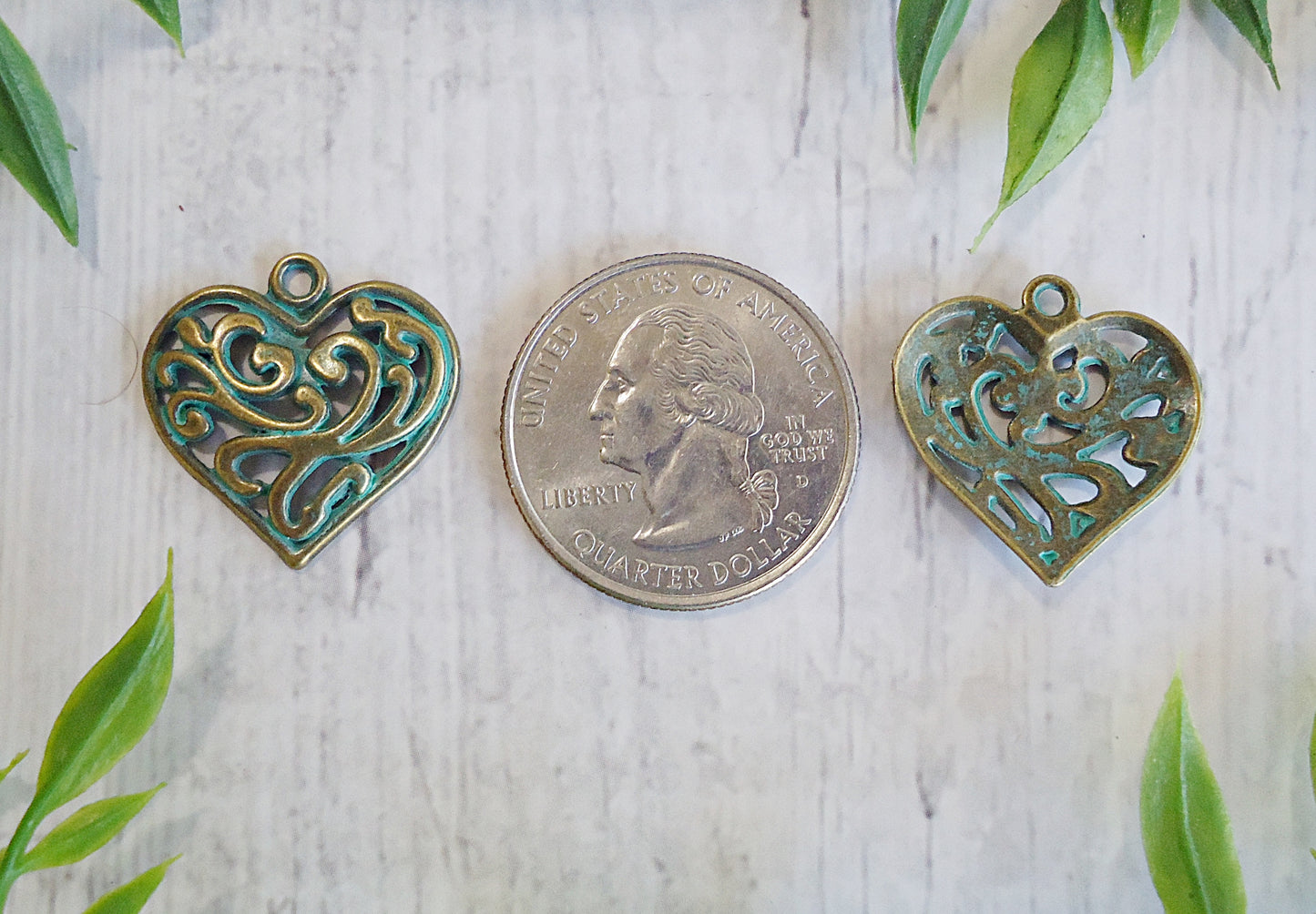 Bronze Heart Charms with Green Patina, 7/8" Tall, Set of 10