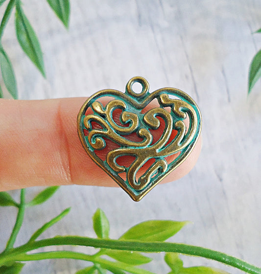 Bronze Heart Charms with Green Patina, 7/8" Tall, Set of 10