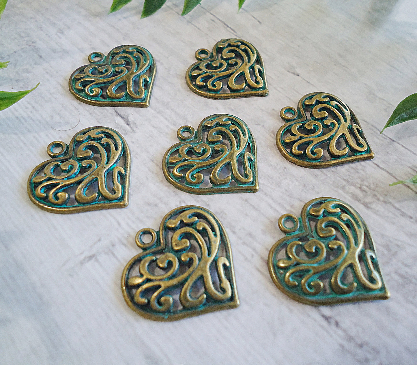 Bronze Heart Charms with Green Patina, 7/8" Tall, Set of 10