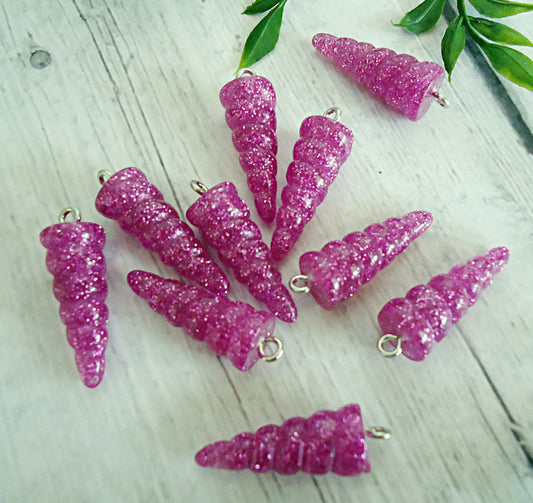 Unicorn Horn Charms / Pendants, Purple Glitter Resin, 1" Tall, Set of 10