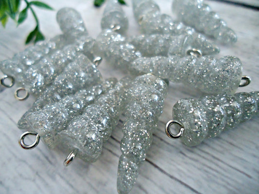 Unicorn Horn Charms / Pendants, Silver Glitter Resin, 1" Tall, Set of 10